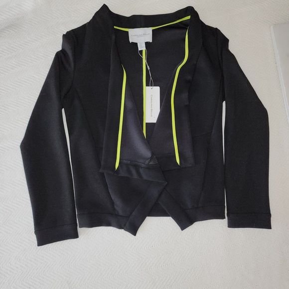 Cardigan Assymetrical Front Contrast Trim Black Stretch Fitted Sz M NWT - Picture 2 of 7